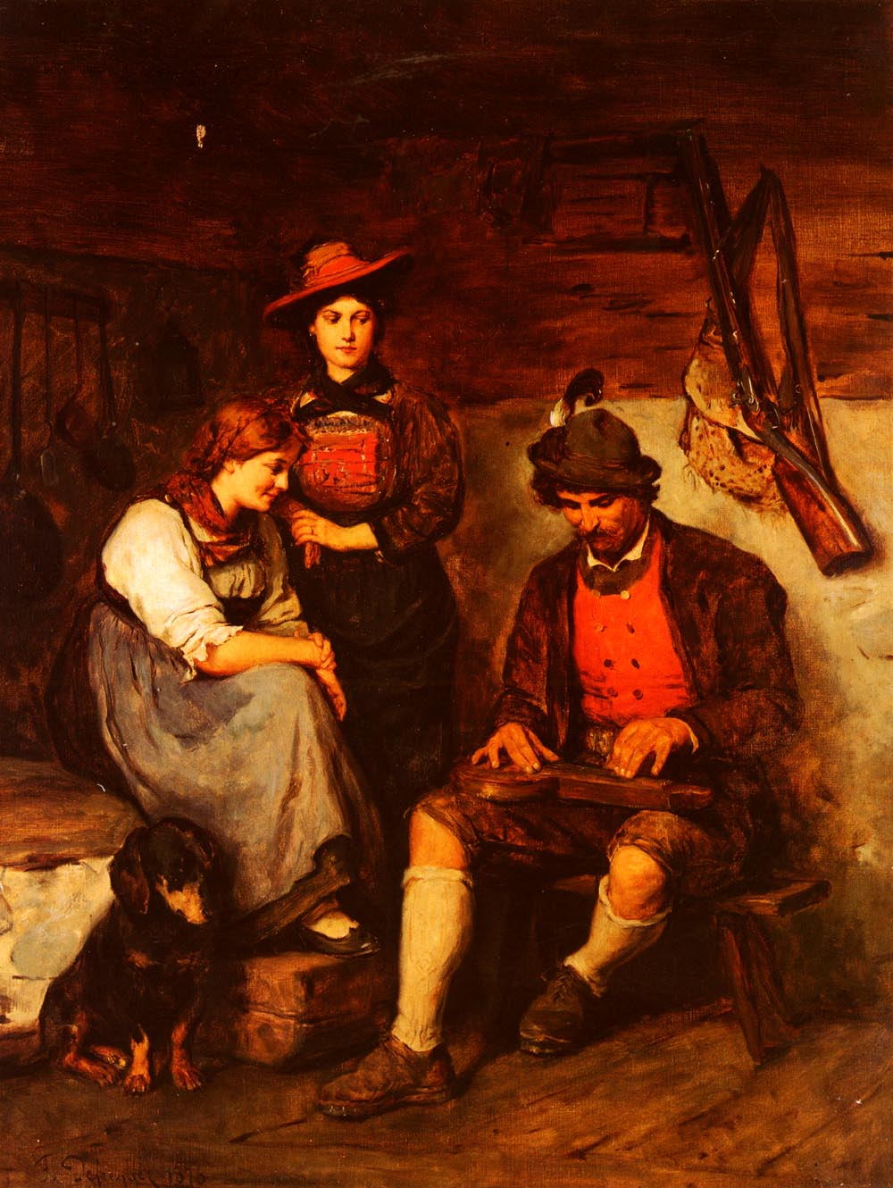 Two Girls Listening Hacia Zitherplayer De Alps Defregger — Franz Von Defregger