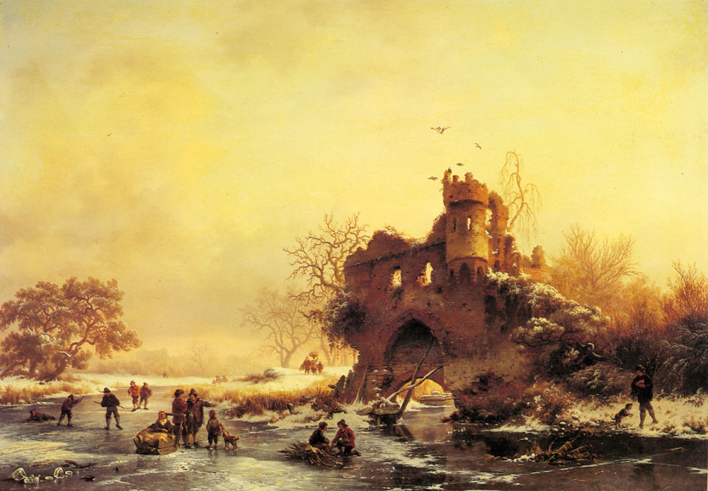 Invierno Paisaje Con Skaters Sobre Helado Rio Beside Castl Kruseman — Frederik Marianus Kruseman