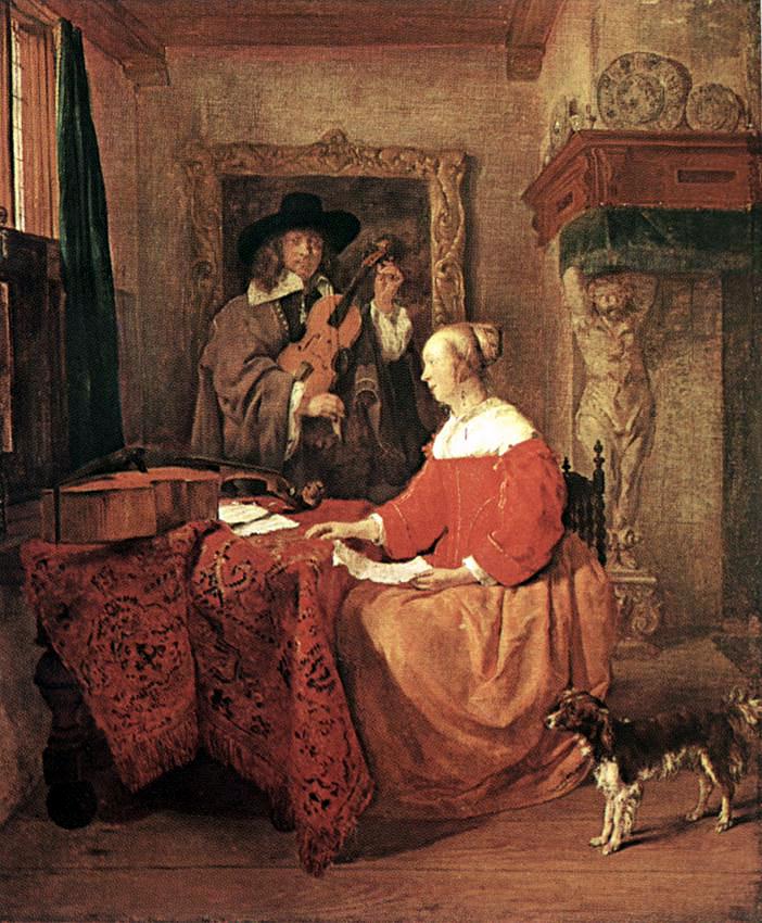 Mujer Sentada En Mesa Y Hombre Tuning Violin Metsu — Gabriel Metsu