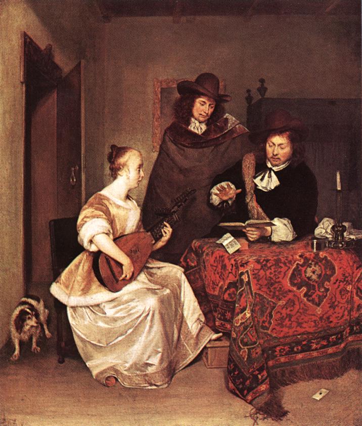 Joven Mujer Jugando Theorbo Hacia Two Hombres Borch — Gerard Ter Borch
