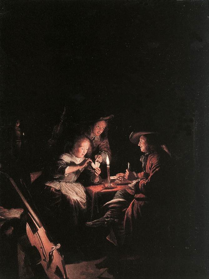 Cardplayers En Candlelight Dou — Gerrit Dou