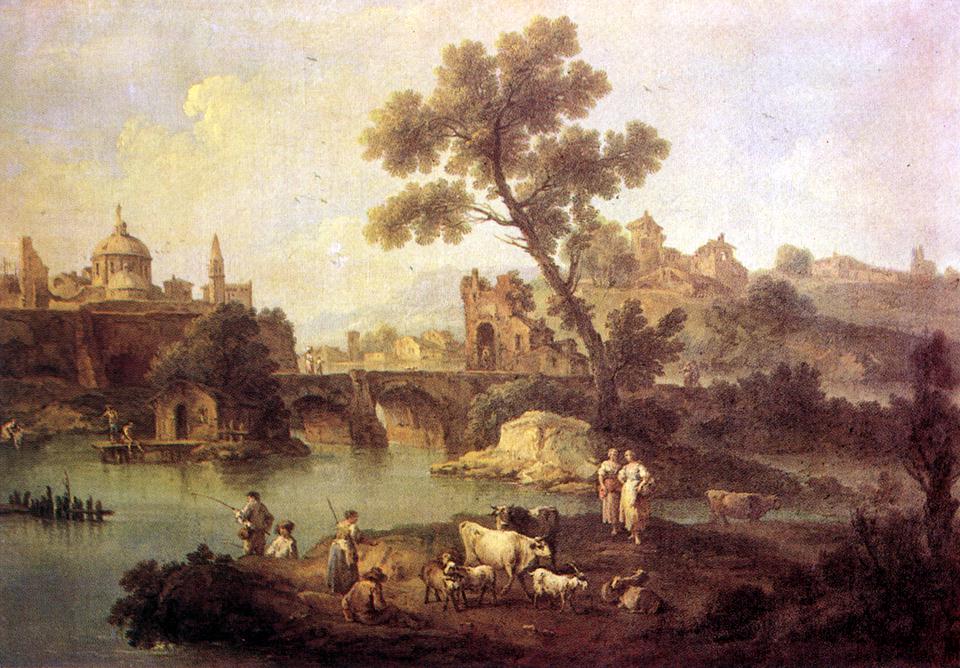 Paisaje Con Rio Y Puente Zais — Giuseppe Zais
