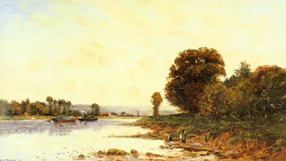 Washerwomen En Rio Paisaje Con Steamboats Beyond Delpy — Hippolyte Camille Delpy