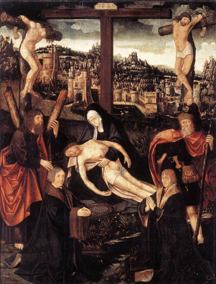 Crucifixion Con Donors Y Saints Oostsanen — Jacob Cornelisz Van Oostsanen