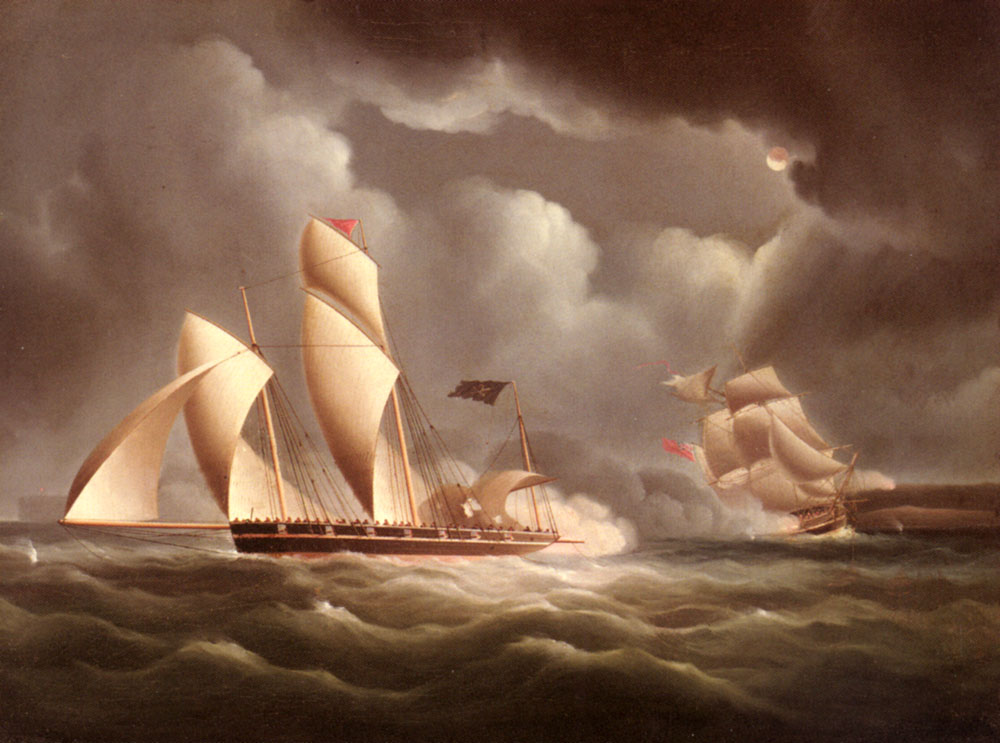 British Frigate Atacando Pirate Lugger En Noche Buttersworth — James Buttersworth