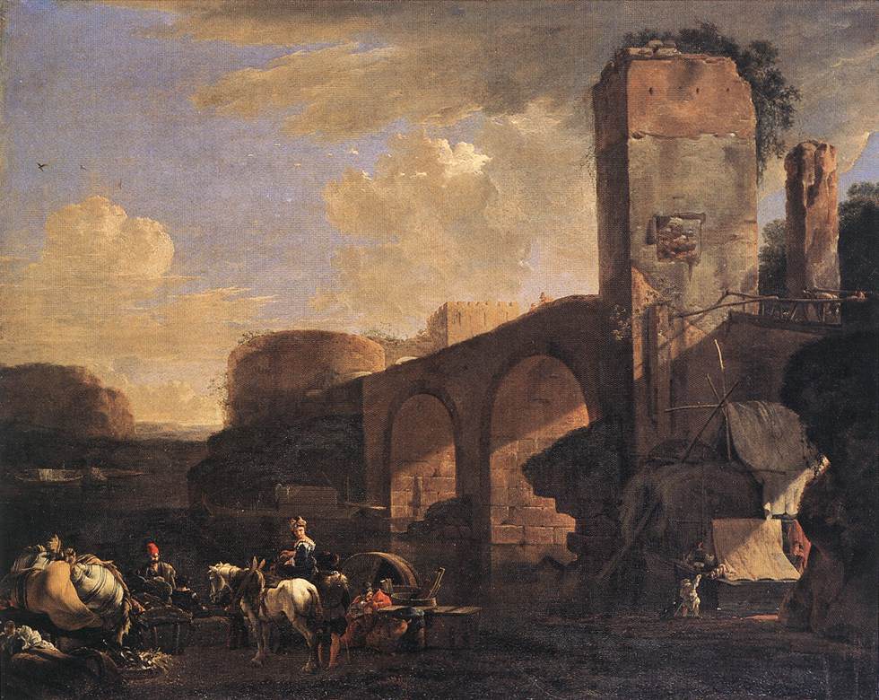 Italianate Paisaje Con Rio Y Arched Puente Asselyn — Jan Asselyn