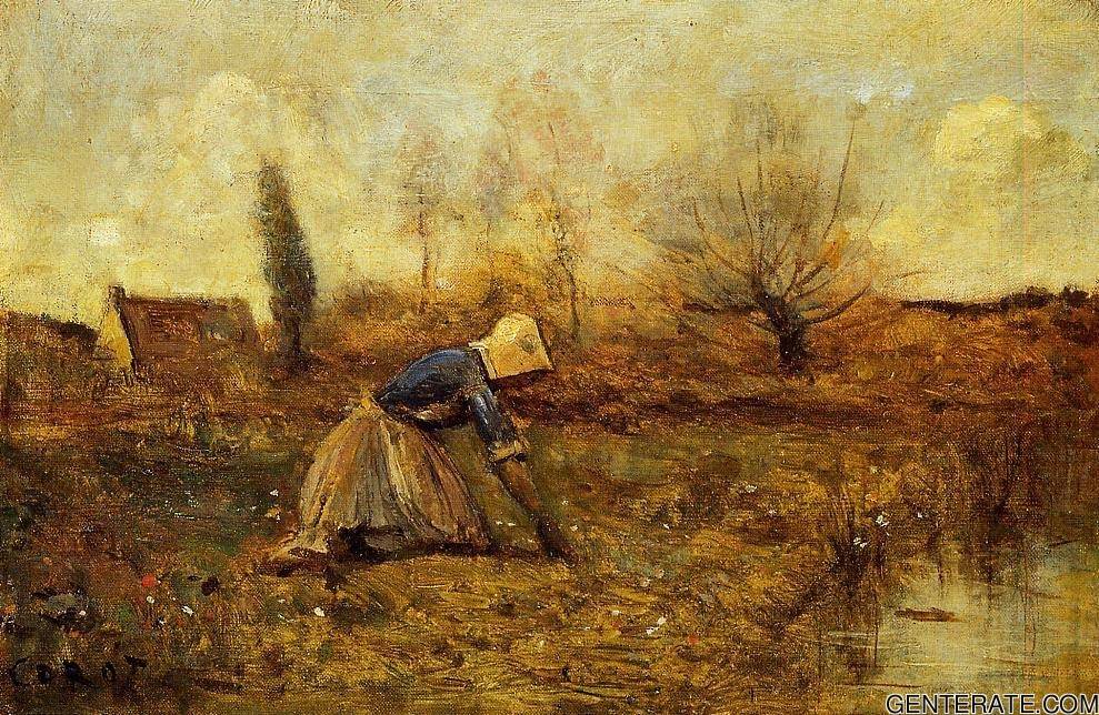 Agricultor Arrodillado Recogiendo Dandelions Corot — Jean Baptiste Camille Corot