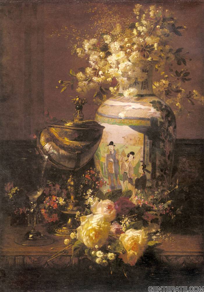 Bodegon Con Japanese Jarron Y Flores Robie — Jean Baptiste Robie