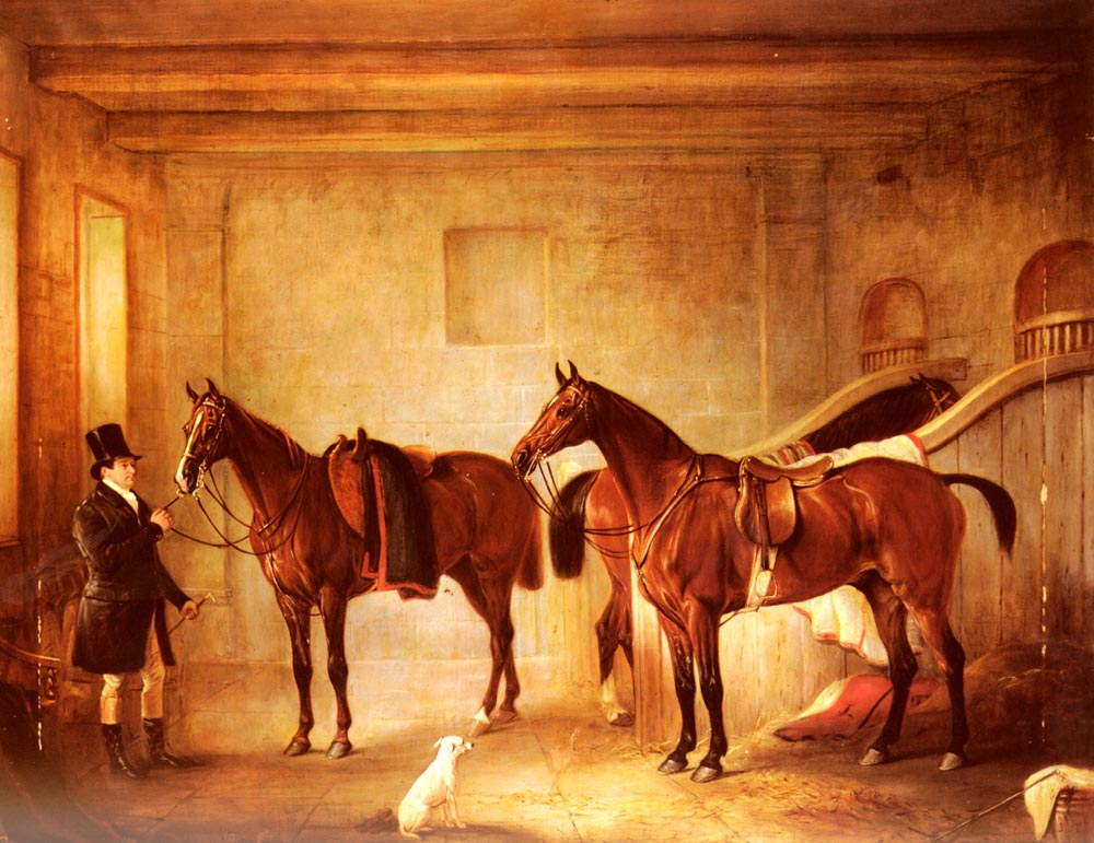 Sir John Thorolds Bay Hunters Con Their Groom En Stable Ferneley — John Ferneley