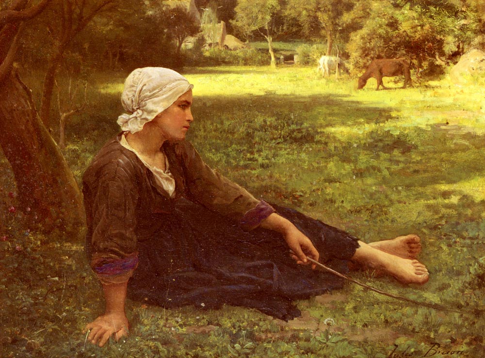 Chica Guarding Cows Breton — Jules Breton