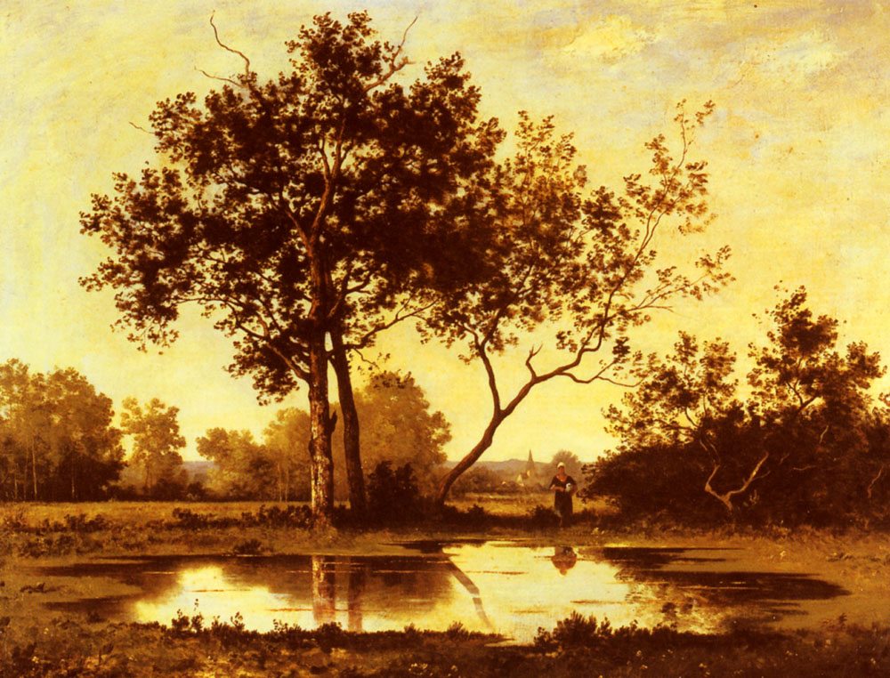 Figura Beside Estanque En Wooded Paisaje Richet — Leon Richet