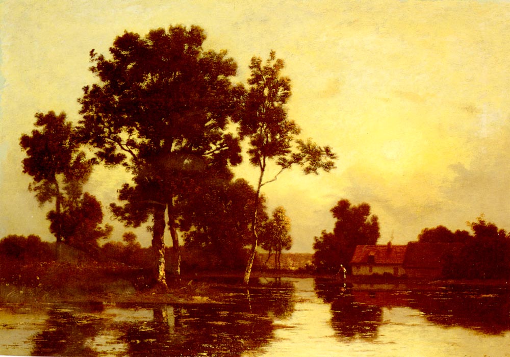 Paysage De Riviere Au Crepuscule Richet — Leon Richet