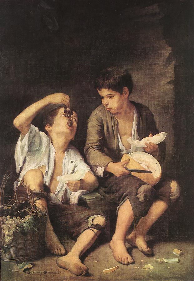 Boys Comiendo Fruta Grape Y Melon Eaters Murillo — Murillo