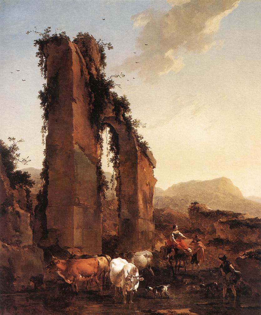 Peasants Con Cattle De Ruined Aqueduct Berchem — Nicolaes Berchem