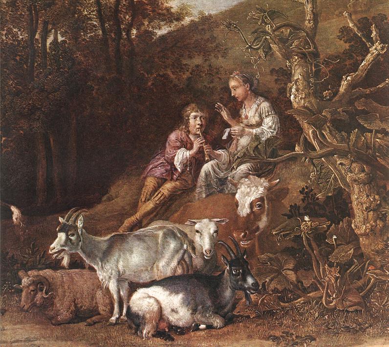 Paisaje Con Shepherdess Pastor Jugando Flute Detalle Potter — Paulus Potter