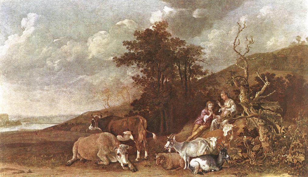 Paisaje Con Shepherdess Y Pastor Jugando Flute Potter — Paulus Potter