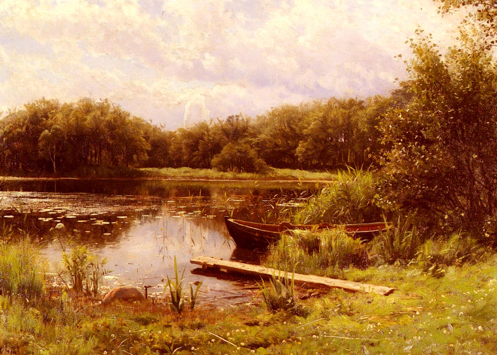 Barca Moored Sobre Quiet Lago Monsted — Peder Mork Monsted