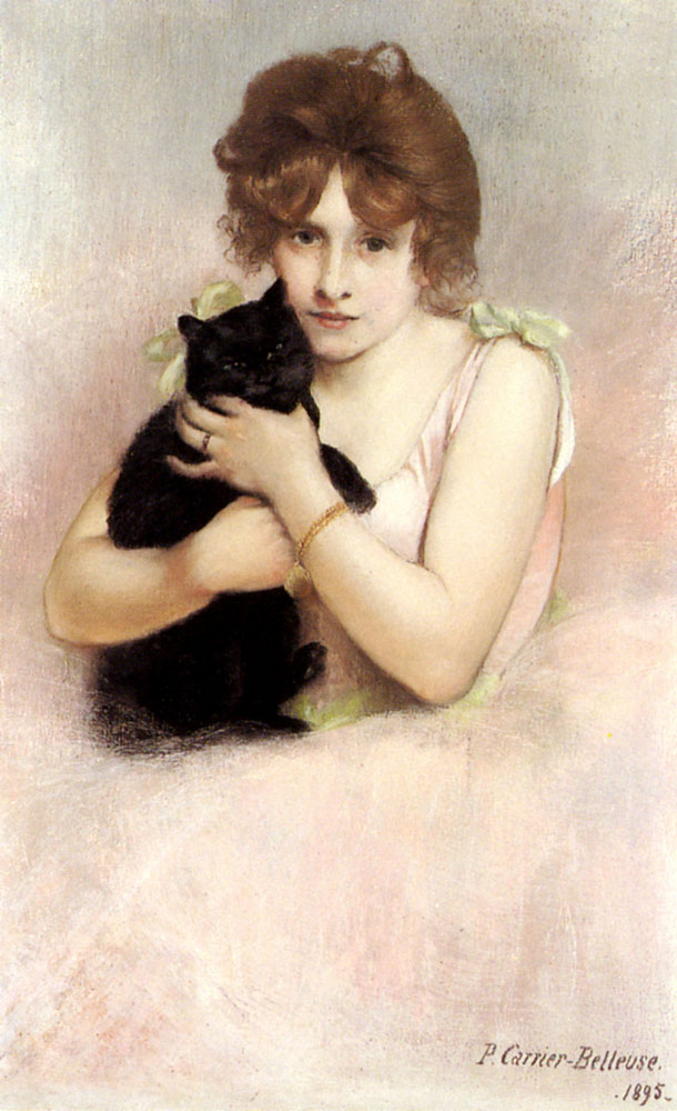 Joven Ballerina Holding Negro Gato Belleuse — Pierre Carrier Belleuse
