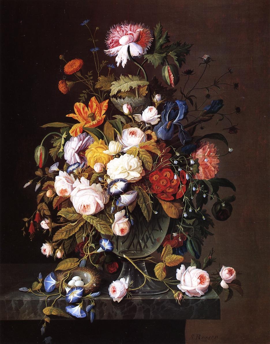 Floral Bodegon Con Pajaros Nest Roesen — Severin Roesen