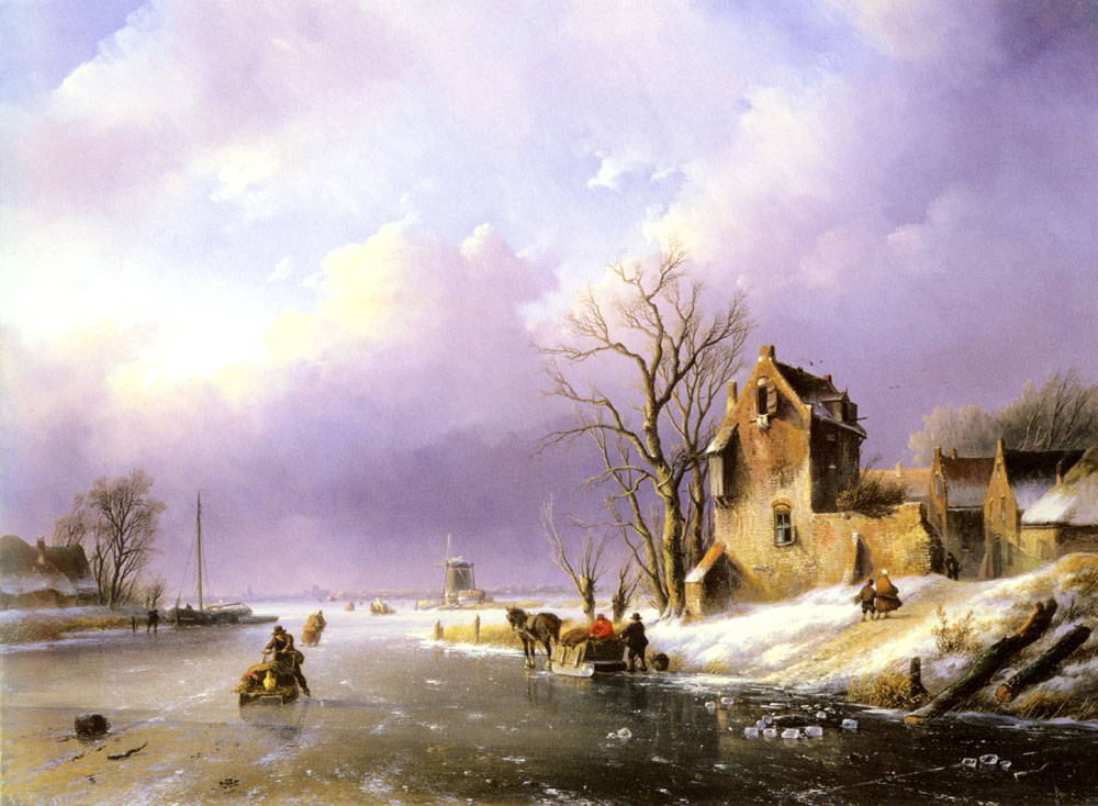Invierno Paisaje Con Figures Sobre Helado Rio Spohler — Spohler