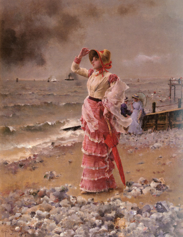 Femme Elegante Voyant Filer Un Vapeur Alfred — Stevens Alfred