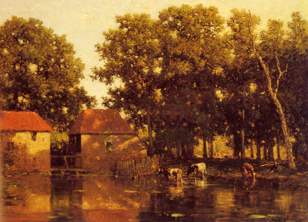 Sunlit Rio Paisaje Con Cows Watering Roelofs — Willem Roelofs